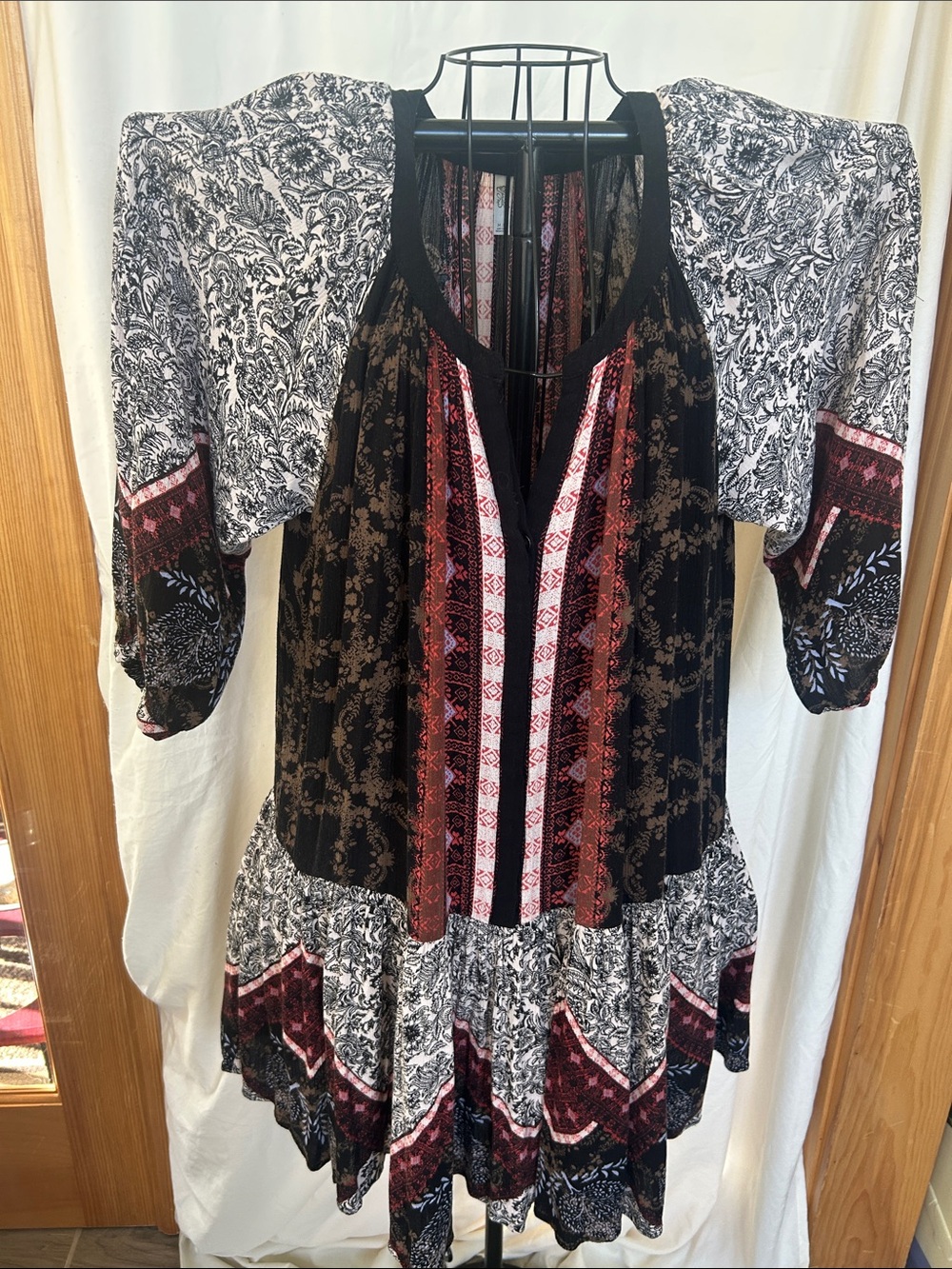 Free People Black, White & Burgundy Mixed-Print Tunic